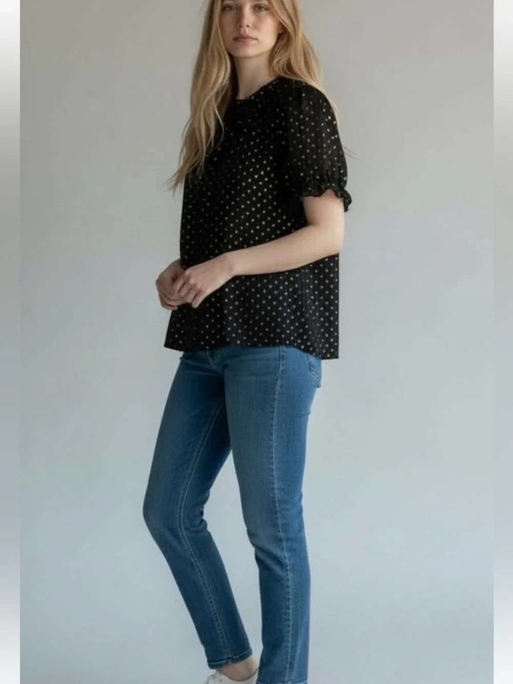 J. Crew Black Gold Dot Sheer Sleeve Blouse Size Medium - Picture 3 of 10